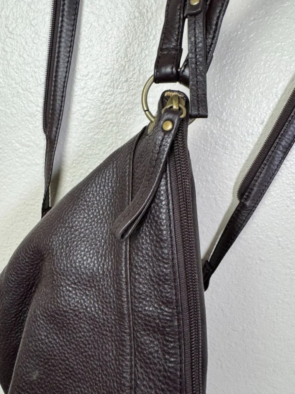 Hobo International Chocolate Brown Leather Sling Backpack Zip strap 12x11